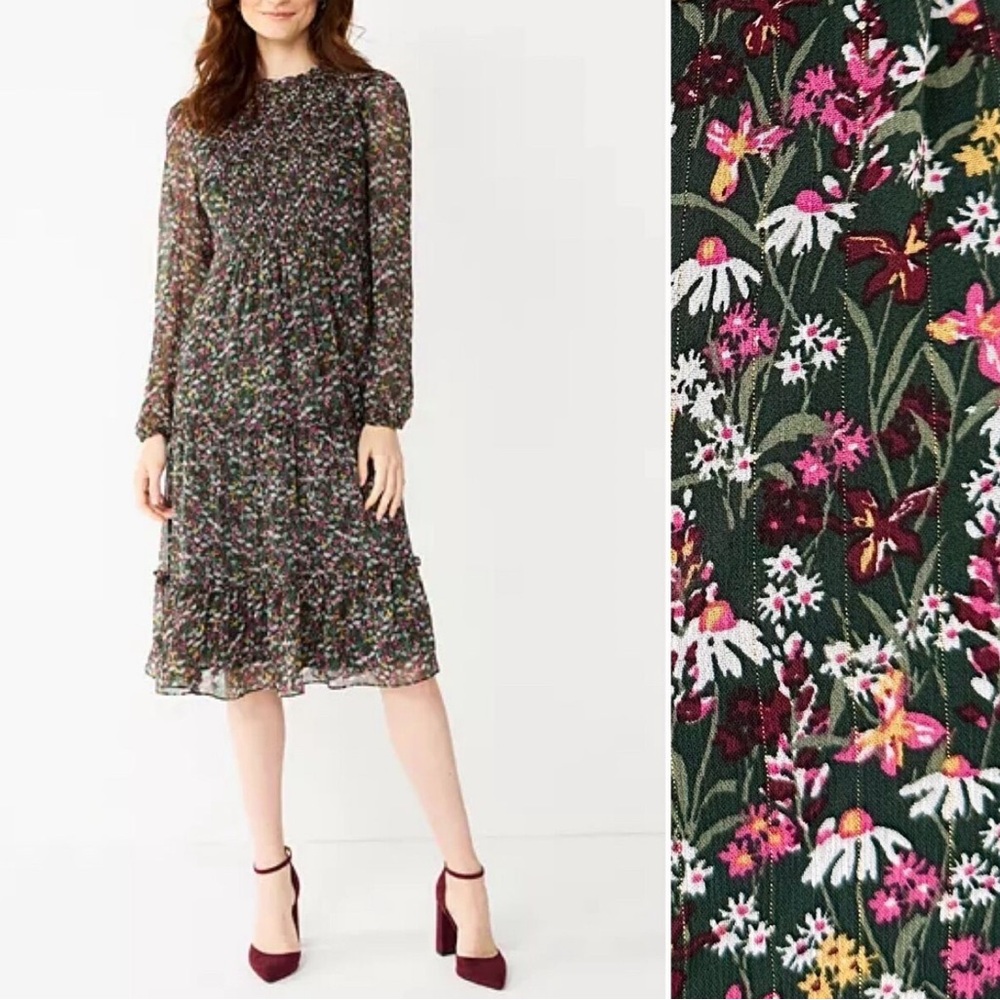Draper James Dark Green Floral Midi Dress with Pink & White Blooms